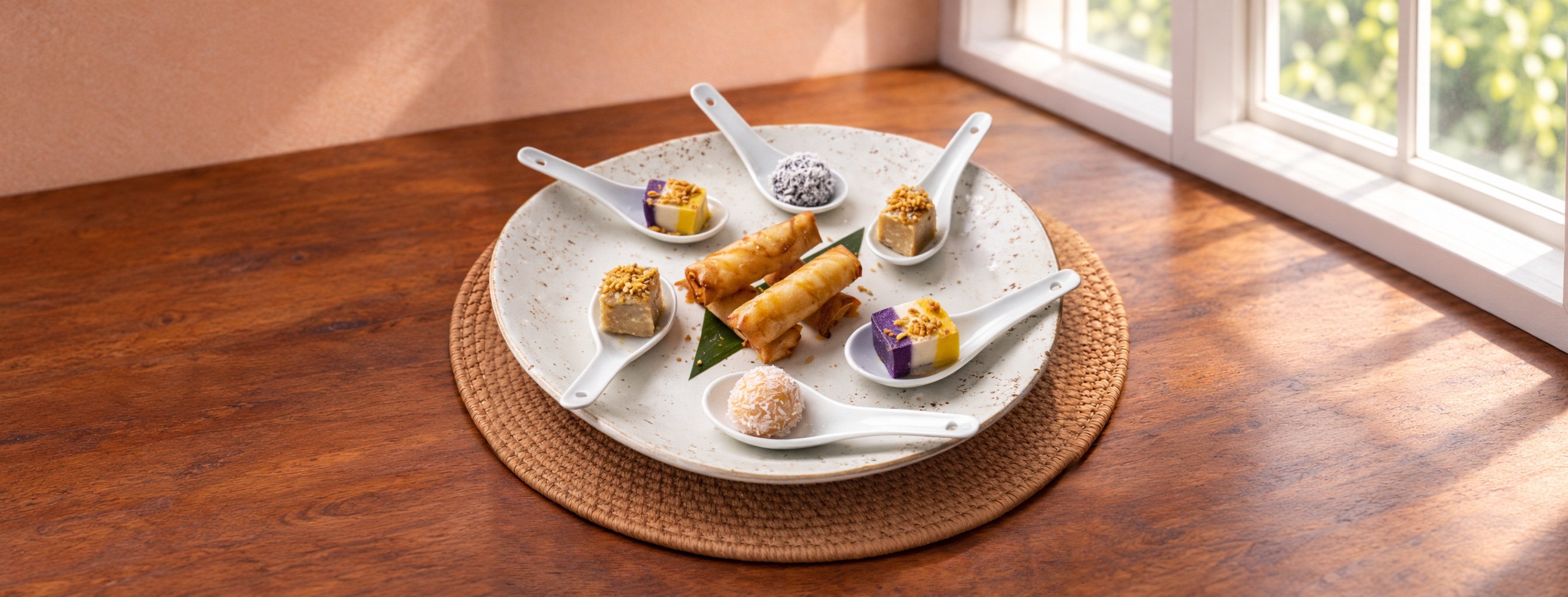 Dessert sampler of kakanin and turon on spoons