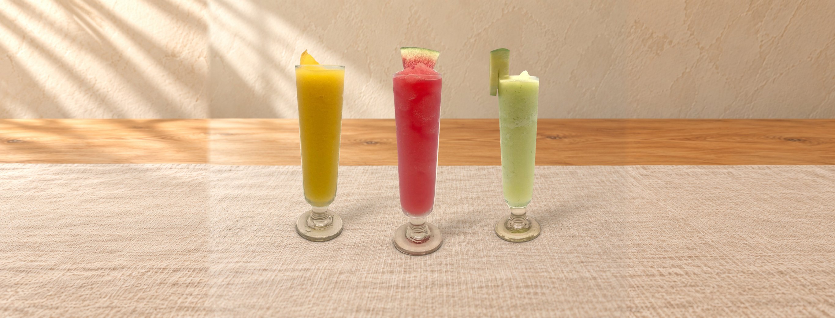 Ripe mango, watermelon and green mango shakes