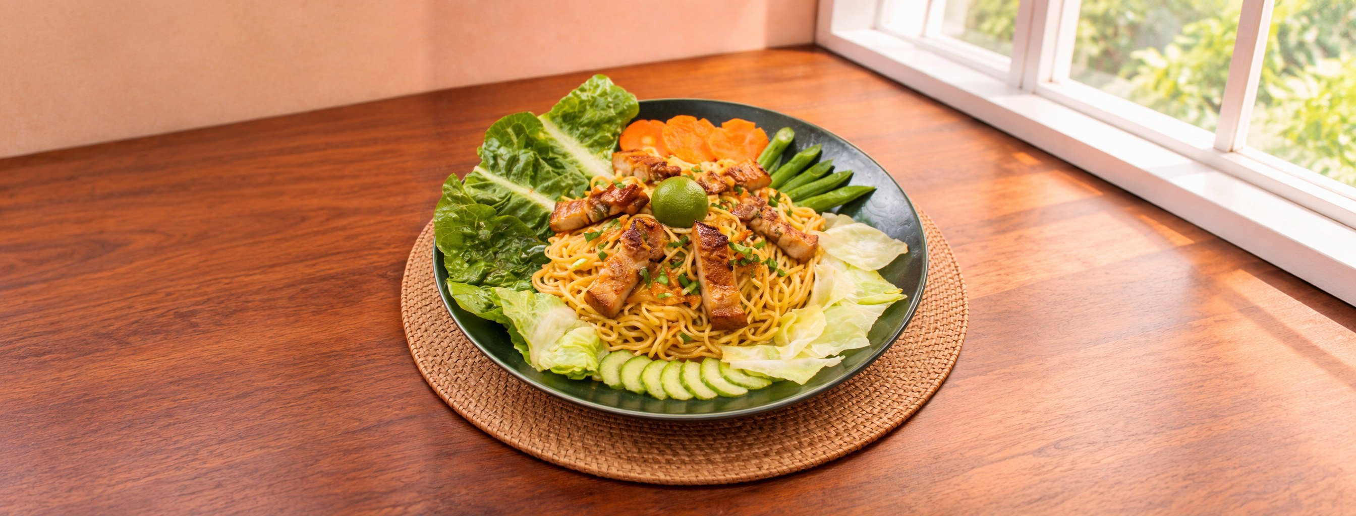 Pancit canton with grilled pork, lettuce and cucumber